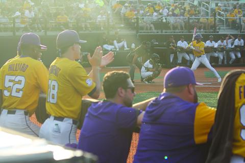 This picture of Devin Fontenot (28) cheering on the LSU Tigers from the dugout during a game against Southern Miss in the 2022 Hattiesburg Regional earned Ville Platte Gazette editor Tony Marks an honorable mention award for College-Pro Photography in the Louisiana Sports Writers Association Annual Contest. (LSN photo by Tony Marks)