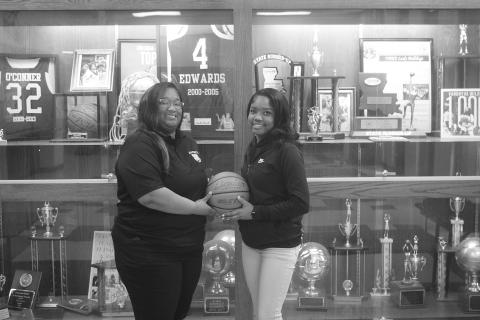 The 2026 Ville Platte Gazette’s Most Valuable Player and Coach of the Year for girls’ basketball represent Ville Platte High School. Above, left to right, are head coach of the Lady Bulldogs Rhonda Thomas and junior player Janiah Leday. Leday was one of five players in the parish to score over 1,000 points in her career this season  and helped guide the team to a state semi-final appearance. (Gazette photos by Tony Marks) 
