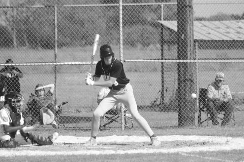 Layne Gremillion (9) waits for a pitch to cross home plate in Mamou’s 20-0 win over Ville Platte Tuesday afternoon. (Gazette photo by Tony Marks)