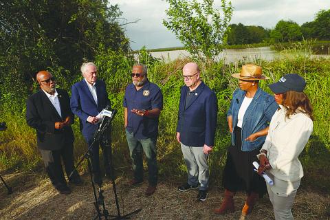 From left, U.S. Rep. Bennie Thompson, Sen. Edward J. Markey, Rep. Troy Carter, Rep. Jim McGovern, Rep. Ayanna Pressley and Alanah Odoms, executive director of the ACLU of Louisiana, speak with reporters during a news conference held Tuesday, April 22, 2025, outside an ICE detention facility in Basile. (John Gray/Verite News)