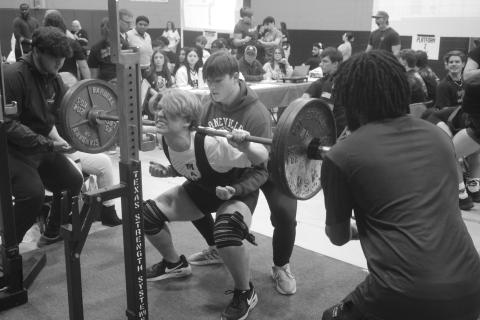 Cameron Fontenot, of Mamou, is pictured as he attempts a squat during the invitational held Saturday, January 11. He competed in the 132 weight class with a total of 685 pounds. (Gazette photo by Tony Marks)