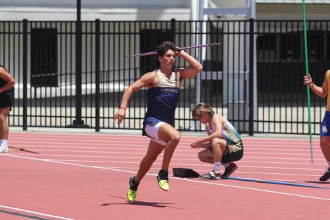Caleb Hood, of Sacred Heart, placed first in Boys Javelin 1A with a mark of 52.60m
