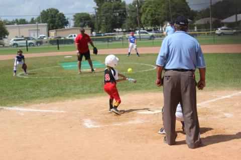 Ville Platte Red Hots player Leah Stevens puts the bat on the ball during Saturday’s Pony Coach Pitch Sectional tournament in Kaplan. The Red Hots won their opening game against Youngsville. (Gazette photo by Rhett Manuel)