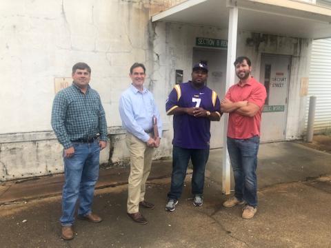 Pictured from left are Eric Grimmett, Secretary-Treasurer Donald Bergeron, Police Jury President Ryan Williams, and Ryan Meche as they tour a police jury owned building that will receive a facelift and  will be renovated. This particular building, located in the courthouse square, will serve as an LUSFiber servicing center for the people of the parish. (Gazette photo by Tony Marks)