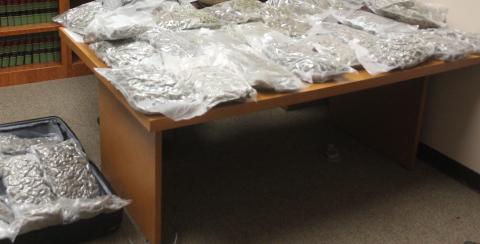 Pictured are the 36 bags of marijuana with an estimated street value of over $100 thousand that were seized by the Ville Platte City Marshal’s Office following a traffic stop on I-49 at the Whiteville exit. The individuals Edwin Pena, 30, of Houston, Texas, and Cristian Diaz, 237, of Baton Rouge were arrested and booked into the Evangeline Parish Jail on charges of manufacture/ distribution of CDS I, possession of CDS IV with intent to distribute, and possession of schedule IV. (Gazette photo by Tony Marks)