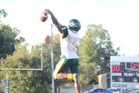 A Mamou receiver, Jerez Edwards, leaps up to grab a pass against the Panthers. (Gazette photo by Rhett Manuel)