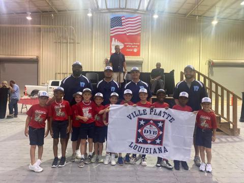 The 7U Coach Pitch All-Stars from Ville Platte competed in the Dixie Youth World Series in Laurel, Miss. Team members are Carter Edwards, Paxton Monier, Edwin Bias Jr., Emile Deville, Luca Dupre, William Fontenot, Hudson Lafleur, Jayvian Campbell, Walker Hebert, Andress Eades, and Canaan Nicks; and coaches are Rodney Hebert, Patrick Fontenot, Edwin Bias, and Nick Monier. (Photo courtesy of Brittany Monier)