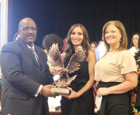 Pictured from left are Evangeline Parish Superintendent of Schools Darwan Lazard, Elementary Teacher of the Year Jackie Prudhomme, and Chataignier Elementary Principal Leslie DesHotels. (Gazette photo by Tony Marks)