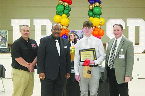 L-R: Basile Principal Tony Bertrand, Superintendent Darwan Lazard, 8th Grade Student of the Year Reed Cormier, and Assistant Superintendent Michael Lombas. (Gazette photo by Tony Marks)