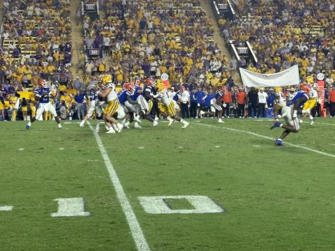 LSU’s Jack Pyburn (44) looks to make a defensive stop against Florida’s DJ Lagway (2) in the Tigers’ 20-10 win over the Gators on Saturday night in Death Valley.  (Gazette photo by Tony Marks)