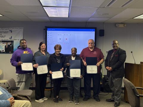 Pictured are the members of the Evangeline Parish School Board who were recognized as being certified board members by the Louisiana School Board Association. From left are Calvin Leday, Kristie Briley, Fannie Soileau, Vice President Sheila Joseph, President Bobby Hamlin, and Superintendent Darwan Lazard. (Gazette photo by Tony Marks)