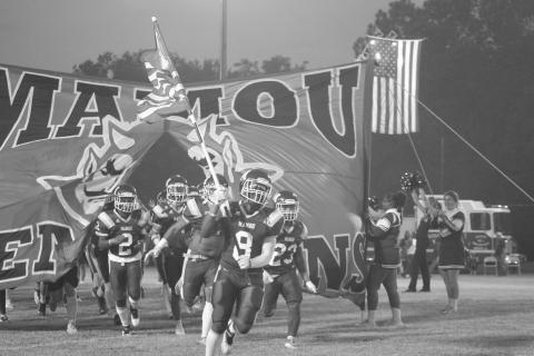 The Mamou Green Demons take the field on homecoming night last week against Ville Platte High. This week, the team took one on the chin against Oakdale, 64-30. (Gazette photo by Sylis Manuel)