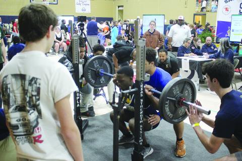 Kendarius Doucet, of Ville Platte, is pictured as he attempts a squat during the invitational held Saturday, January 10. He competed in the 165 weight class with a total of 720 pounds. (Gazette photo by Tony Marks)