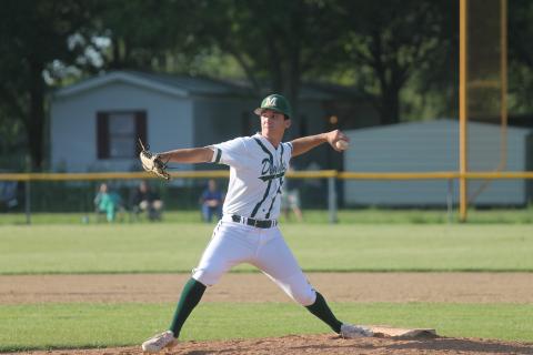 Mamou senior Andre Tate throws a pitch in relief of starter Matt Fontenot. Fontenot went 5.1 innings on the mound and was touched up for seven earned runs on 11 hits. Tate threw the final 1.2 innings and only allowed three unearned runs, three hits, and three walks. (Gazette photo by Tony Marks)