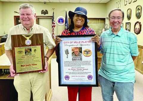 From left are Ville Platte City Councilman Mike Perron, Ville Platte Mayor Jennifer Vidrine, and KVPI General Manager Mark Layne. (Gazette photo by Nancy Duplechain)