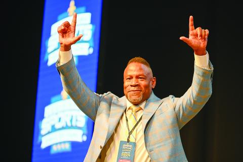 Kevin Jackson greets the crowd during the Louisiana Sports Hall of Fame induction ceremony on Saturday, June 22. (Photo by Bret McCormick)