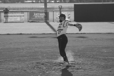 Mamou starting pitcher Jennifer Fontenot (27) delivers a pitch against Kinder. (Gazette photo by Rhett Manuel)
