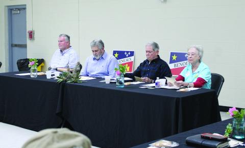 Leading discussions and planning for the planning meeting/working breakfast held by Louisiane Acadie, Inc., on Thursday, Feb. 29, at the Mural Room of the Rayne Civic Center Complex were, from left, John Broussard, Randy Menard, Michael VIncent and Gayle Breaux Smith. (LSN photo by Lisa Soileaux)