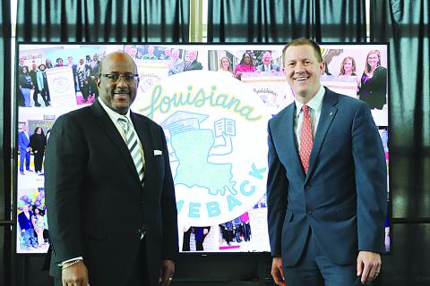 Evangeline Parish Superintendent of Schools Darwan Lazard is pictured on the left with State Superintendent Dr. Cade Brumley at a LEAP Success Press Conference held in Bossier City on Wednesday, August 2. The school district was recognized and honored for ranking tied for the second spot of year-to-year percent of Mastery and above change with a +4% growth. (Photo by Tone Tezeno)