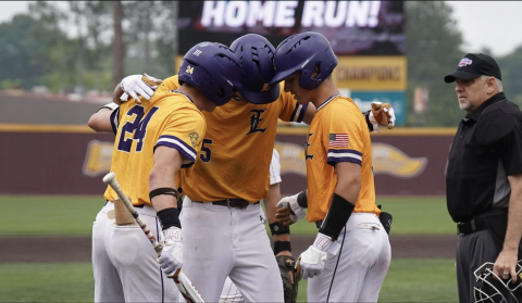 LSU Eunice’s Dawson Willis is greeted by two Bengals teammates after a home run during the Region 23 championship this past weekend. (Photo courtesy of Travis Webb)