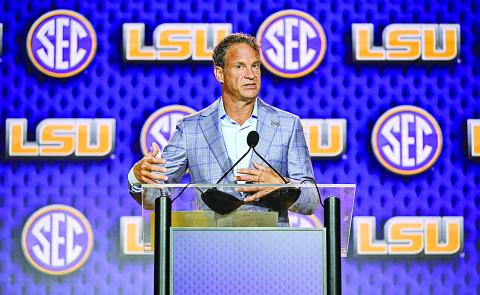 LSU head football coach Lane Kiffin addresses members of the media on the final day of SEC Media Days in Tampa, Fla. (Photo courtesy of Dave Wilson)