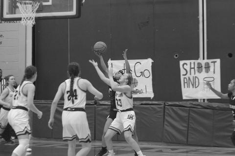 Members of the Lady Trojan basketball team watch as Jodie Landry (23) tries to steal the basketball from a Lincoln Prep player. The team now hosts St. John, of Plaquemines, with a trip to the state tournament on the line. (Gazette photo by Rhett Manuel)