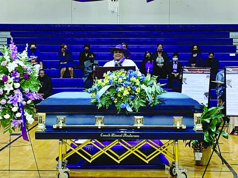 Ville Platte Mayor Jennifer Vidrine delivers her remarks during the funeral service for city councilman and former coach Lionel Anderson. (Gazette photo by Nancy Duplechain)