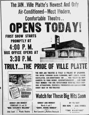 Above is a look at the full-page ad from the February 24, 1949, issue of the Ville Platte Gazette announcing the opening of the Jan Theatre located on Main Street in Ville Platte. (Gazette archive photo)