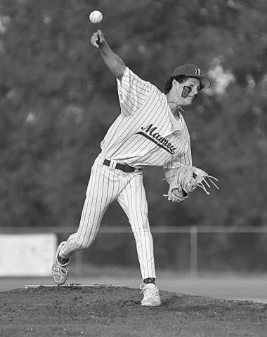 Miles Perron delivers a pitch for Mamou in a district baseball game against Crowley. (LSN photo by Chris Quebedeaux)