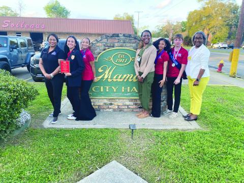 MAMOU JR HIGH JAG STUDENTS RECOGNIZED -  During the Mamou Town Council meeting held Wednesday, March 13, the Mamou Junior High School JAG students were recognized. Shown, from left are JAG Specialist Dianna Freeman Johnson, Louisiana JAG Junior High President Bentlie Thomas, Madison Lejeune, JAG Specialist Carlene Ardoin, Addison Young, Benjamin Soileau and Mamou Junior High School Principal Lisa Celestine. (Photo courtesy of Dianna Freeman Johnson)