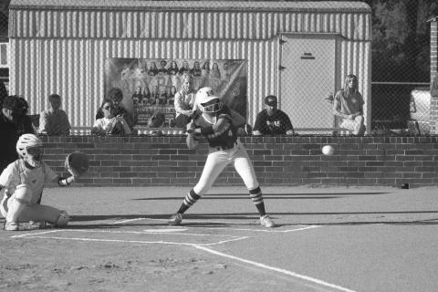 Kaityn Fontenot (4) waits for a pitch to cross the plate in a Mamou softball game against Pine Prairie earlier this season. (Gazette photo by Tony Marks)