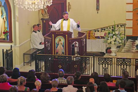 Father Korey LaVergne of St. Edwards Church gives the homily during the annual Charlene Richard Mass. The Mass was celebrated on Monday, Aug. 12. (LSN photo by Claudette Olivier)