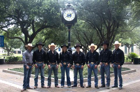 McNeese Rodeo team members going to the College National Finals Rodeo in Casper, Wyoming. Pictured left to right is Coach Justin Browning, Drew Bordelon, Caleb Miller, Kamryn Duncan, Kash Martin, Isaac Richard, Jude Leonards and Kash Krogman. Not pictured is Brad Hesnor. (Photo courtesy of McNeese State University)