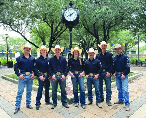 Seven members of McNeese’s rodeo team have qualified for the College National Finals Rodeo. From left to right: Wyatt Lavergne, Izaah Bartels, Jackson Ford, Alyssa Gary, Monty Fontenot, Jude Leonards and rodeo coach Justin Browning. Not pictured is Caleb Miller. (Photo courtesy of McNeese State University)