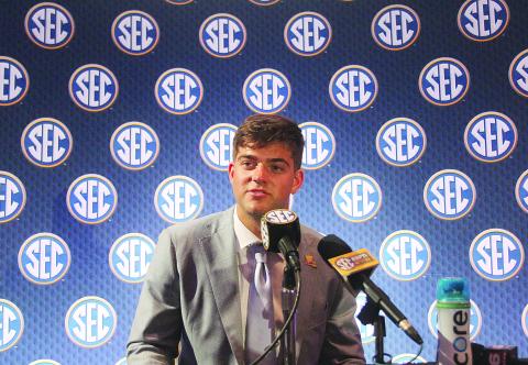 LSU quarterback Gus Nussmeier answers questions from reporters on the first day of SEC Football Media Days in Dallas. (Gazette photo by Tony Marks)