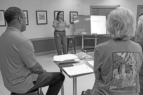 Laura McDonald, park ranger at the Prairie Acadian Cultural Center, gave a re-introduction of the center, which reopened around Mardi Gras earlier this year after being closed for about five years. During those years, the building was outfitted with a new air conditioning system and a new roof. (LSN photo by Claudette Olivier)