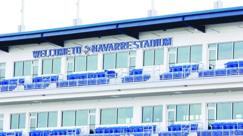The new stadium name is unveiled on the press box inside Navarre Stadium, the home of the McNeese Cowboys. (Photo courtesy of McNeese Athletics)