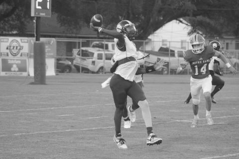 Zion Thomas (8) delivers a pass in Ville Platte High’s 42-7 loss against Notre Dame to fall to 0-2 on the season. (Gazette photo by Tony Marks)