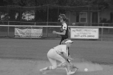 Pine Prairie shortstop Victoria Briscoe (1) attempts to make a play at second base as Oakdale base runner Jacee Adams safely reaches the bag. (LSN photo by Tony Marks)