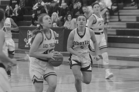 Sacred Heart’s Rose Ardoin (40) looks to make a basket in the Lady Trojans’ narrow two-point loss to the Oberlin Lady Tigers in the Kendall and Brad Memorial Holiday Shootout. (Gazette photo by Rhett Manuel)