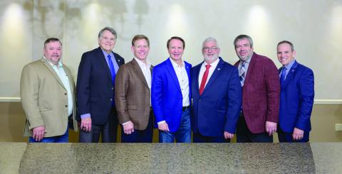 PJAL Executive Board members pose with Governor Jeff Landry. Pictured from, left to right, are Bryan Vidrine from Evangeline Parish, Doug Rimmer from Bossier Parish, Robby Miller from Tangipahoa Parish, Governor Jeff Landry, President Craig Smith from Rapides Parish, Kenny Haymon from Vernon Parish, and PJAL Executive Director Guy Cormier from St. Martin Parish. (Photo courtesy of Zydeco Studios)