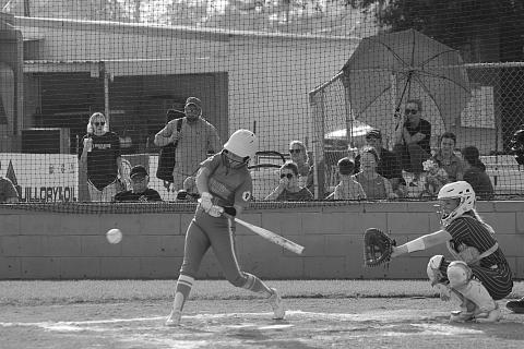 Victoria Briscoe (1) waits for a pitch to cross the plate in a Pine Prairie Lady Panther softball game. (Gazette photo by Rhett Manuel)