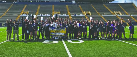 The Pine Prairie Marching Band celebrates being named the State Class 2C champions at the State LMEA marching competition held at McNeese State University in Lake Charles on Tuesday, November 5. (Photos courtesy of Pine Prairie Band Boosters)