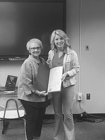 State Senator Heather Cloud (right) presents a state resolution to former Evangeline Parish School Board member, Peggy Forman (left). (Gazette photo by Tony Marks)