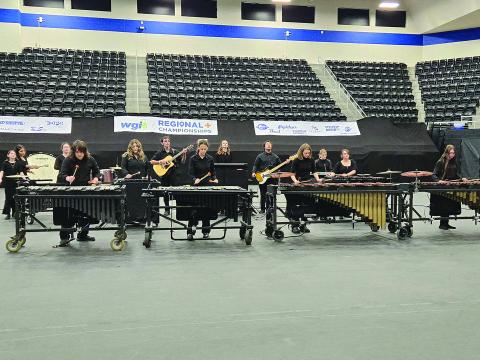 Pictured is the Pine Prairie Percussion Ensemble that competed in the Winter Guard International Dallas Regional Championships. The group also competed in the Magnolia Performing Arts State Championships. Among those who competed are Kayden Soileau, Camren Vidrine, Annalise Melancon, and Claire White. (Photo courtesy of Taylor Naquin) 