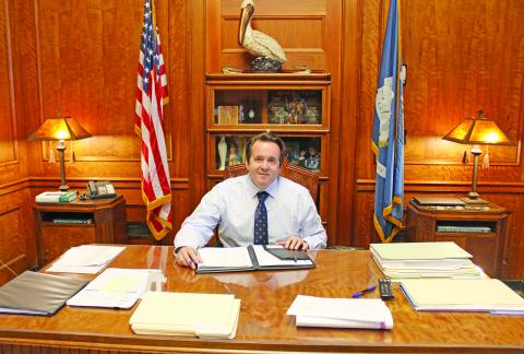 Speaker of the House and State Representative Phillip DeVillier sits at his desk in his office at the state capitol. DeVillier, of Eunice, was first elected as a state representative in 2015. (LSN photo by Claudette Olivier/Church Point News)