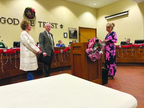 From left, Representative Rhonda Butler, DOTD Undersecretary Barry Keeling, and Senator Heather Cloud share good news about road projects being done in Evangeline Parish. (Gazette photo by Heather Bogard)