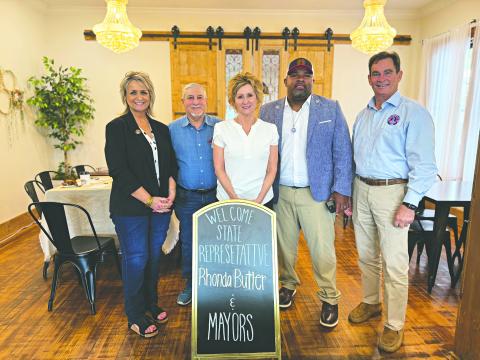 LOCAL LEADERS MEET WITH REPRESENTATIVE BUTLER - Mamou mayor Leisa Deshotel, Turkey Creek mayor Bert Campbell, Ville Platte mayor Ryan Leday Williams and Ville Platte City Clerk/Treasurer Donald Bergeron recently met at the Mou Latte in Mamou to discuss economic development and needs of the parish municipalities. Shown, from left, are Deshotel, Campbell, Butler, Williams and Bergeron. (Photo courtesy of the Mou Latte)