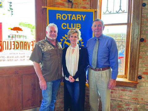 LEGISLATIVE UPDATE GIVEN - During the October 25, meeting of the Ville Platte Rotary Club, Representative Rhonda Butler, center, presented members with an update on the legislature. She is shown with Rotary President Larry Lachney, left, and Rotarian Bill Brunet, right. (Gazette photo by Heather Bogard)