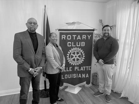 From left are Rotarian Clem LaFleur, Kourtheil Henderson with the governor’s office, and Rotary of Ville Platte President Beau Wilson. (Gazette photo by Tony Marks)